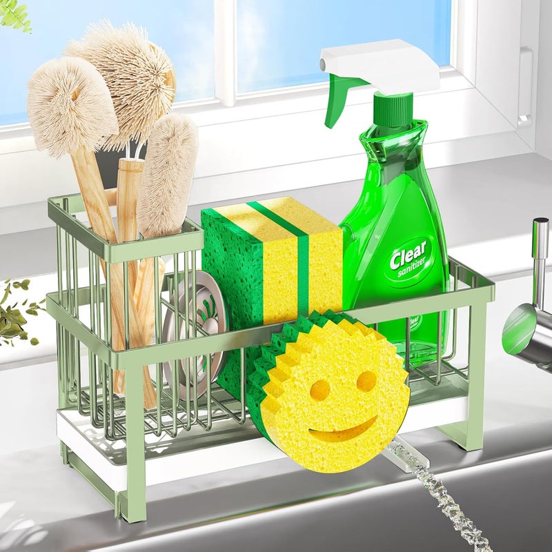 Taugast Sponge Holder for Kitchen Sink,Sink Caddy with Removable Dish Brush Holder,Self-Draining Kitchen Countertop Organizers and Storage Essentials,Soap Dispenser Organize and Home Decor-Green - Image 1